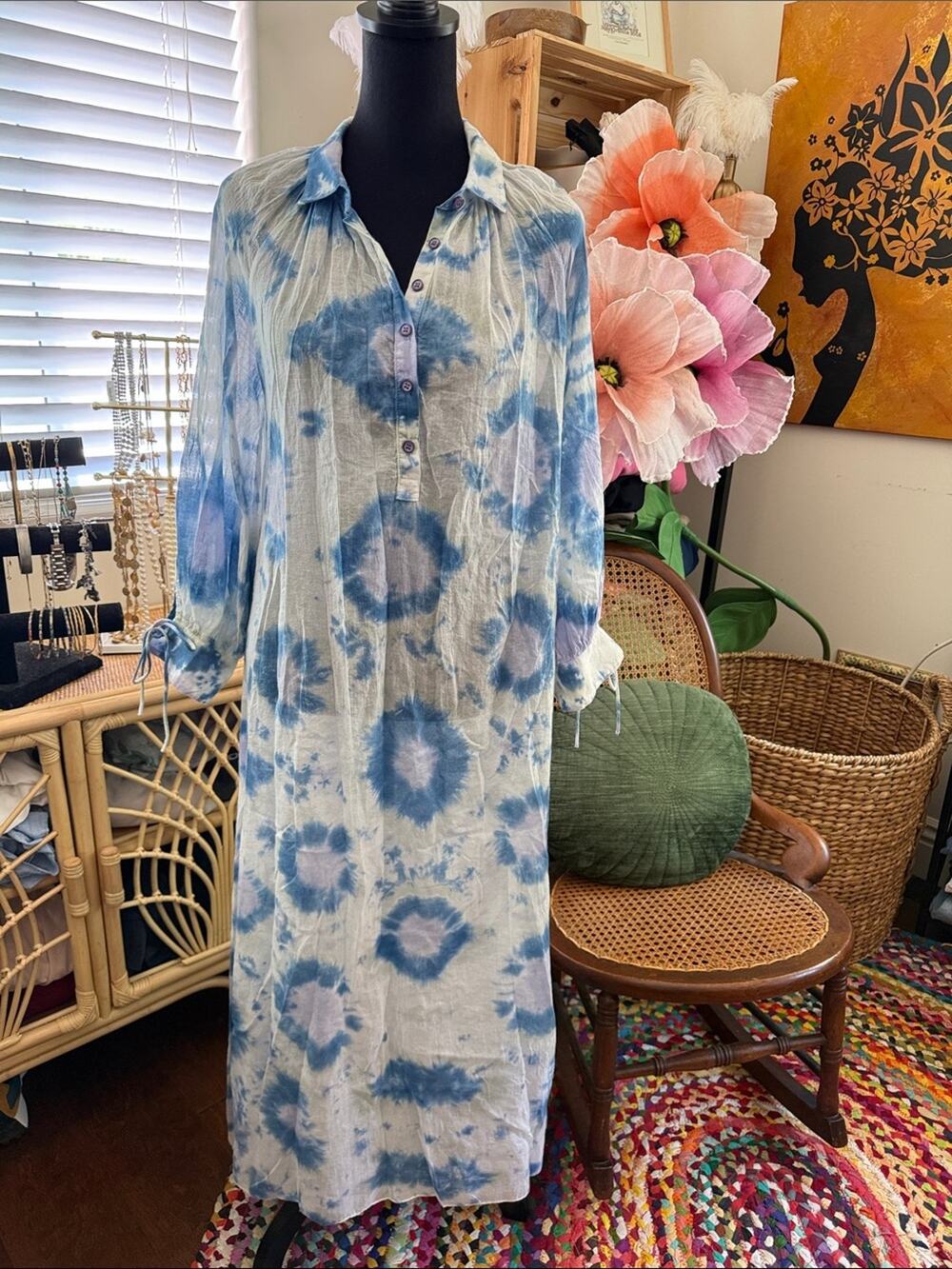 Johnny Was x Amanda Bond Malibu Tie Dye Boho Hippie Coastal Kaftan Maxi Dress